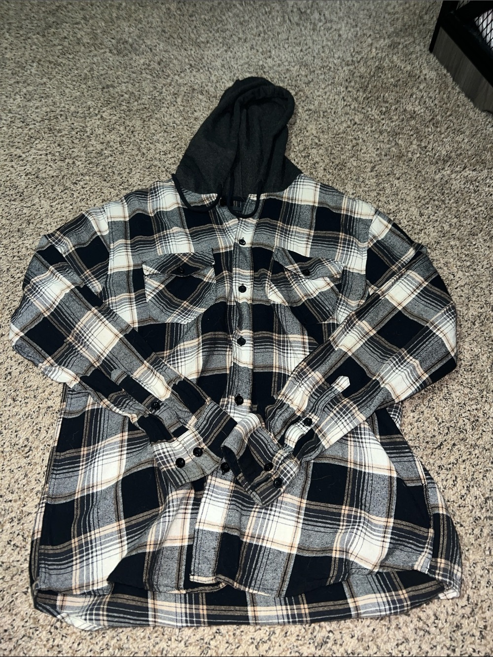 Men's Black & Cream Plaid Hooded Flannel Shirt